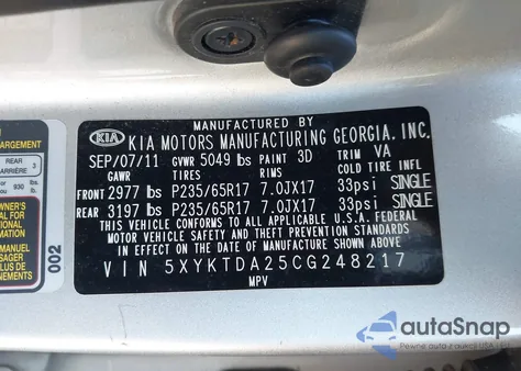 2012 Kia Sorento Lx V6 из США, поврежденный, VIN 5XYKTDA25CG248217